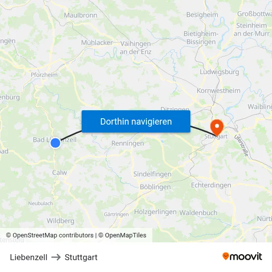 Liebenzell to Stuttgart map
