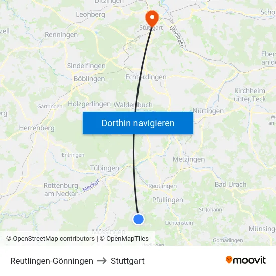 Reutlingen-Gönningen to Stuttgart map