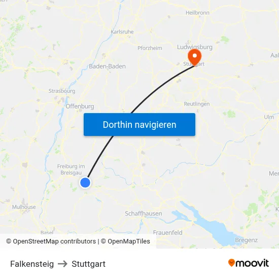 Falkensteig to Stuttgart map