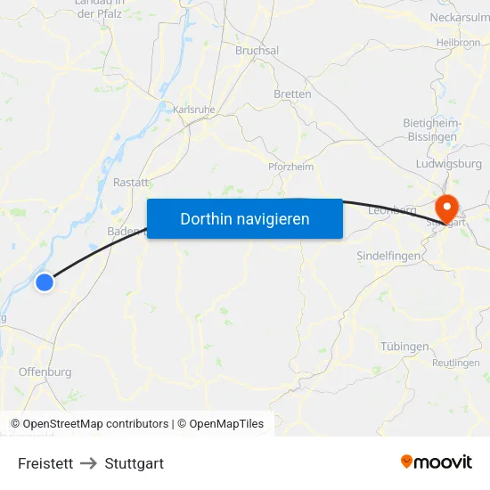Freistett to Stuttgart map