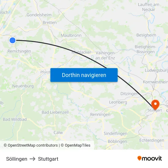 Söllingen to Stuttgart map