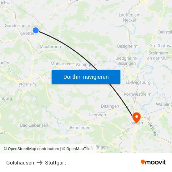 Gölshausen to Stuttgart map