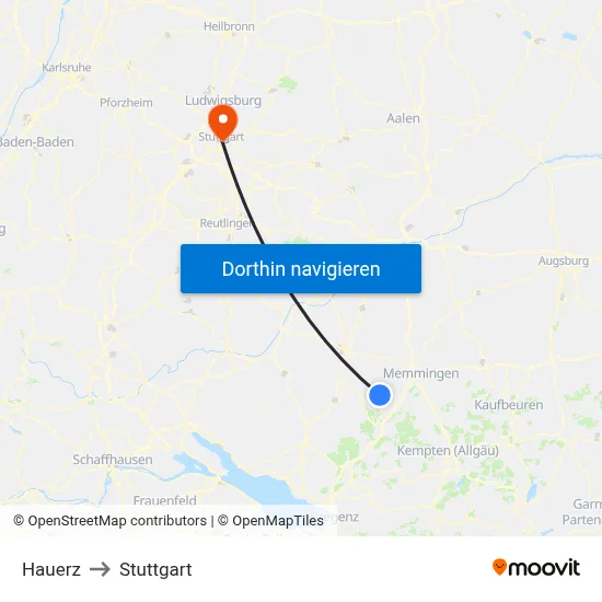 Hauerz to Stuttgart map