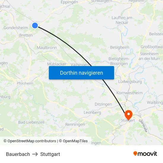 Bauerbach to Stuttgart map