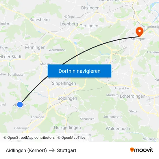 Aidlingen (Kernort) to Stuttgart map
