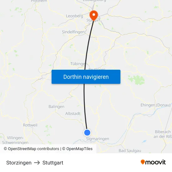 Storzingen to Stuttgart map