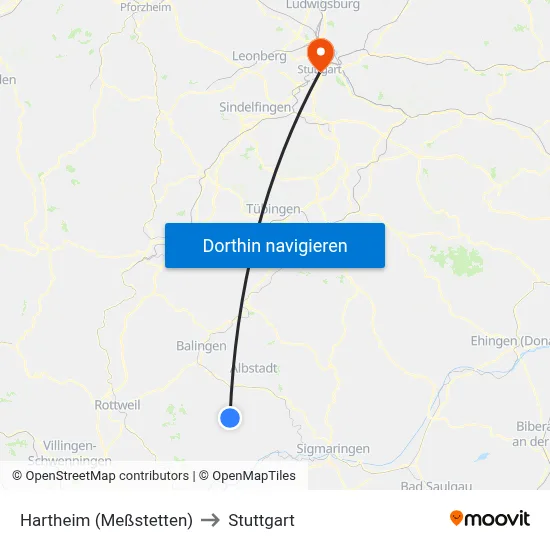 Hartheim (Meßstetten) to Stuttgart map