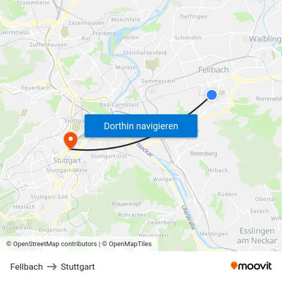 Fellbach to Stuttgart map