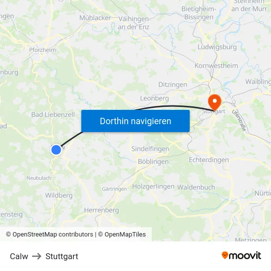 Calw to Stuttgart map