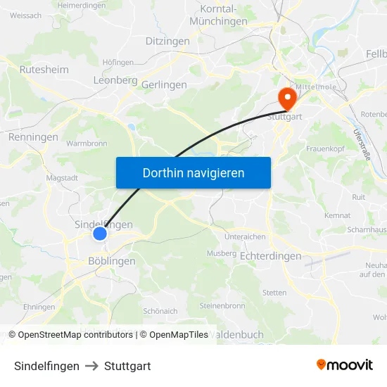 Sindelfingen to Stuttgart map