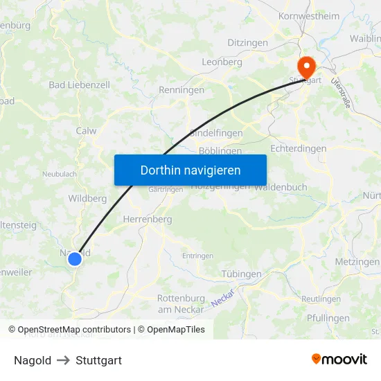 Nagold to Stuttgart map