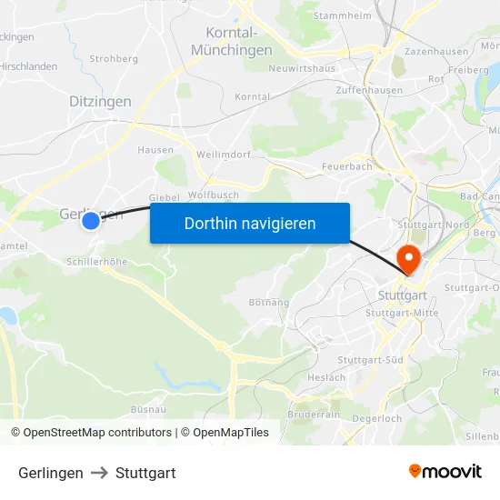 Gerlingen to Stuttgart map
