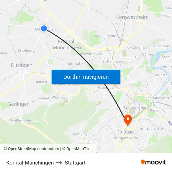 Korntal-Münchingen to Stuttgart map