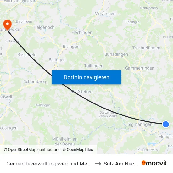 Gemeindeverwaltungsverband Mengen to Sulz Am Neckar map