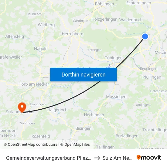 Gemeindeverwaltungsverband Pliezhausen to Sulz Am Neckar map