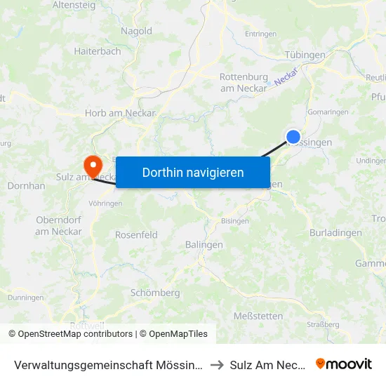 Verwaltungsgemeinschaft Mössingen to Sulz Am Neckar map