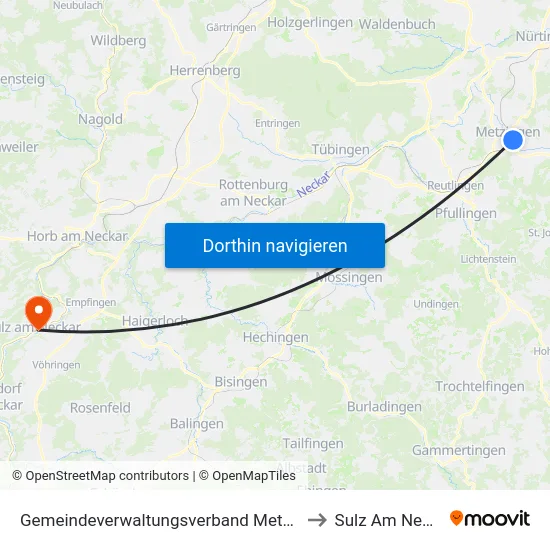 Gemeindeverwaltungsverband Metzingen to Sulz Am Neckar map