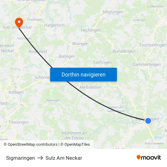 Sigmaringen to Sulz Am Neckar map