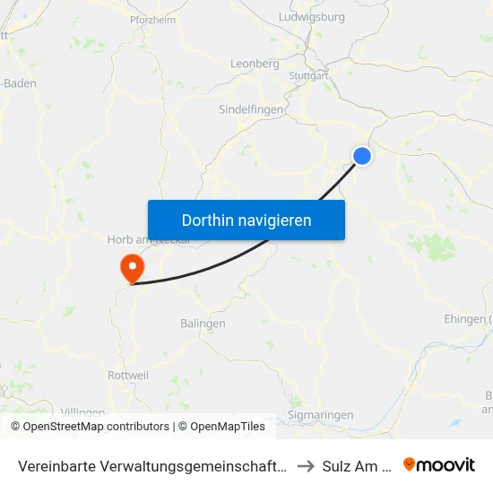 Vereinbarte Verwaltungsgemeinschaft Der Stadt Nürtingen to Sulz Am Neckar map