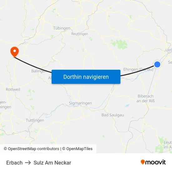 Erbach to Sulz Am Neckar map
