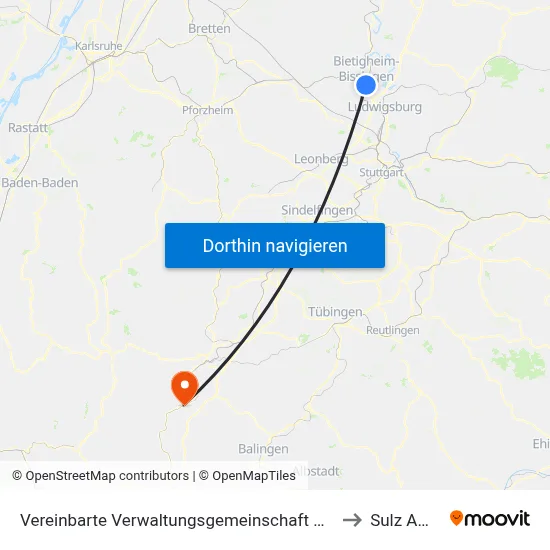 Vereinbarte Verwaltungsgemeinschaft Der Stadt Bietigheim-Bissingen to Sulz Am Neckar map