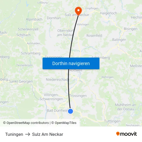 Tuningen to Sulz Am Neckar map