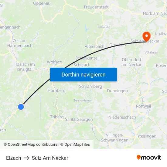 Elzach to Sulz Am Neckar map
