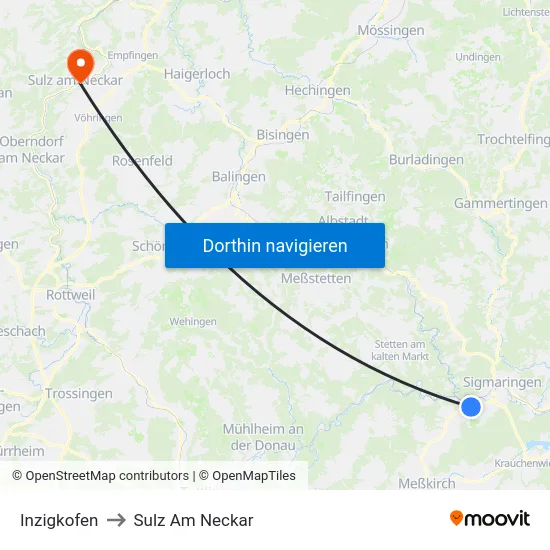 Inzigkofen to Sulz Am Neckar map