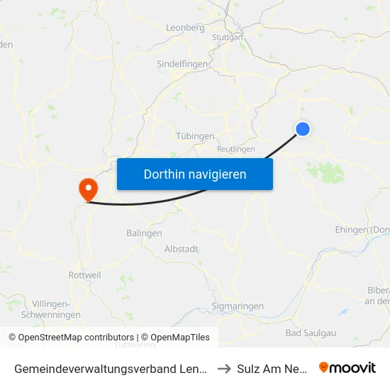 Gemeindeverwaltungsverband Lenningen to Sulz Am Neckar map