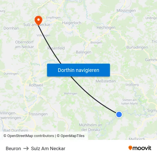 Beuron to Sulz Am Neckar map