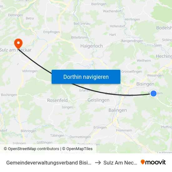 Gemeindeverwaltungsverband Bisingen to Sulz Am Neckar map