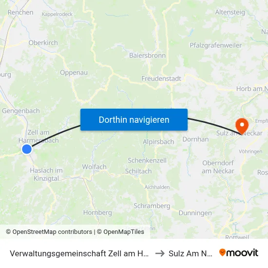 Verwaltungsgemeinschaft Zell am Harmersbach to Sulz Am Neckar map