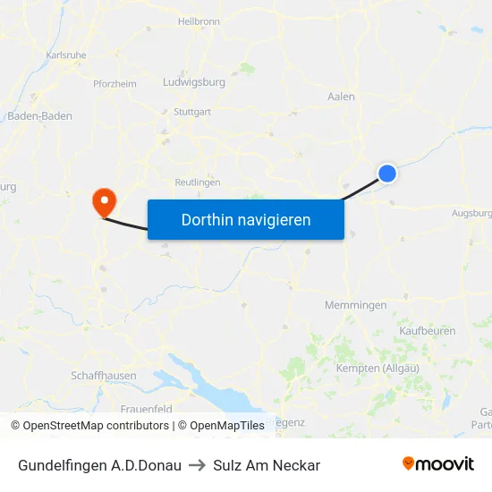 Gundelfingen A.D.Donau to Sulz Am Neckar map