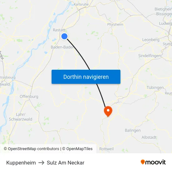 Kuppenheim to Sulz Am Neckar map