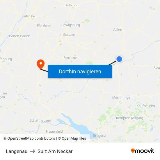 Langenau to Sulz Am Neckar map