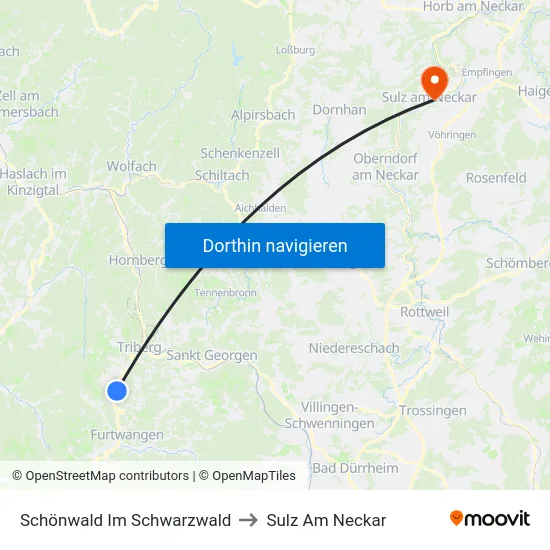 Schönwald Im Schwarzwald to Sulz Am Neckar map