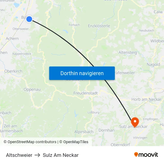 Altschweier to Sulz Am Neckar map