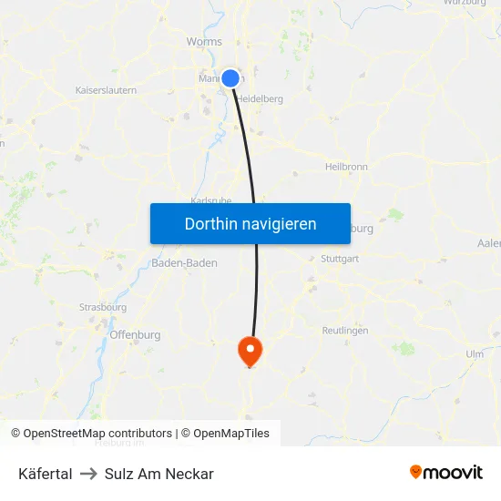 Käfertal to Sulz Am Neckar map