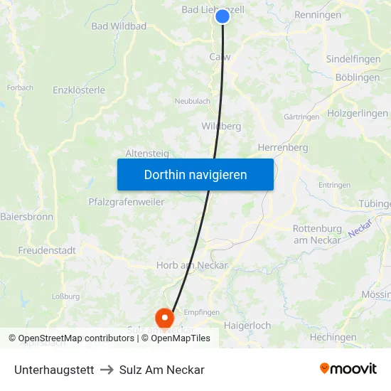 Unterhaugstett to Sulz Am Neckar map