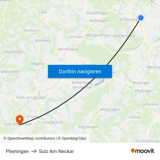 Plieningen to Sulz Am Neckar map