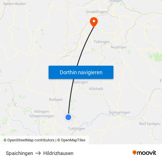 Spaichingen to Hildrizhausen map