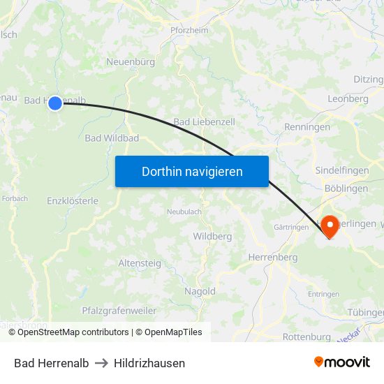 Bad Herrenalb to Hildrizhausen map