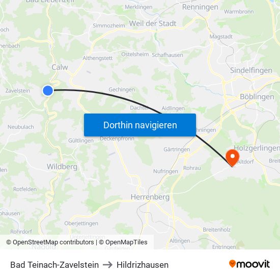 Bad Teinach-Zavelstein to Hildrizhausen map