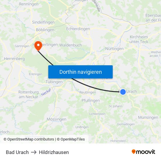 Bad Urach to Hildrizhausen map