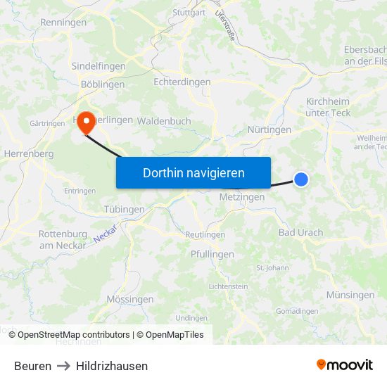 Beuren to Hildrizhausen map
