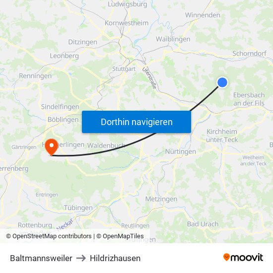 Baltmannsweiler to Hildrizhausen map