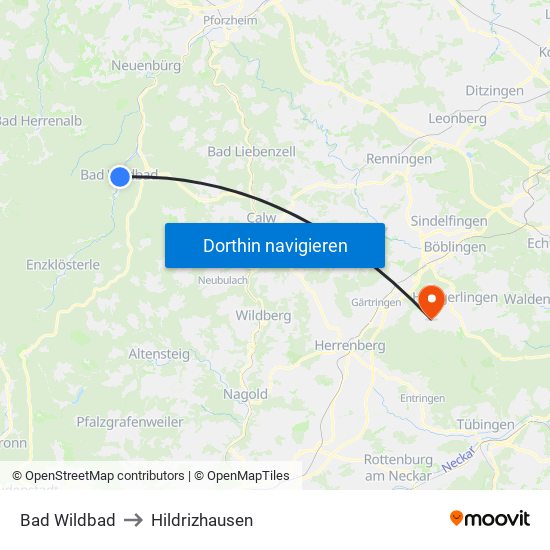 Bad Wildbad to Hildrizhausen map