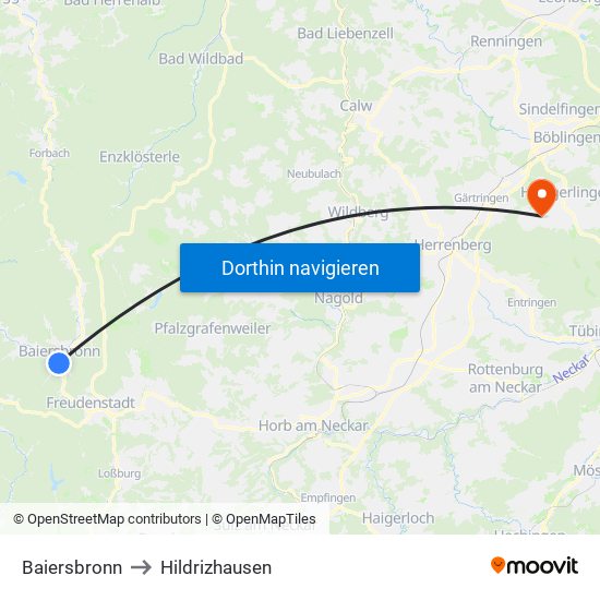 Baiersbronn to Hildrizhausen map