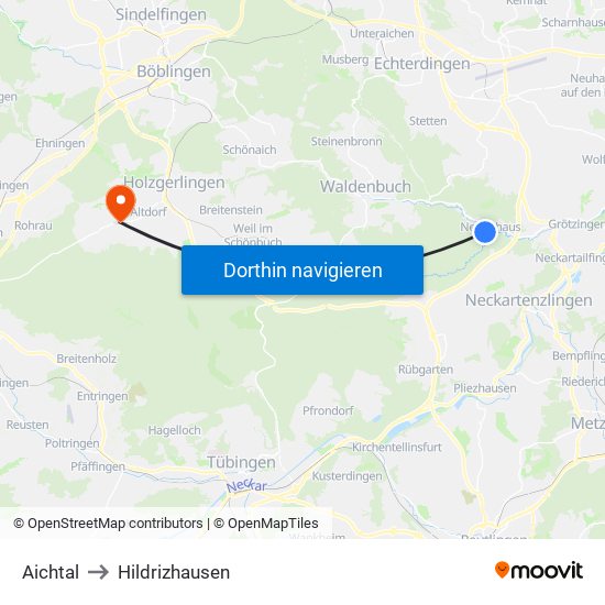 Aichtal to Hildrizhausen map