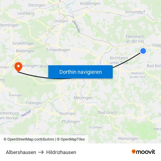 Albershausen to Hildrizhausen map